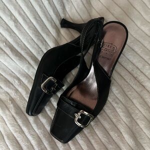 Joan & David Leather square toe buckle office siren kitten heel